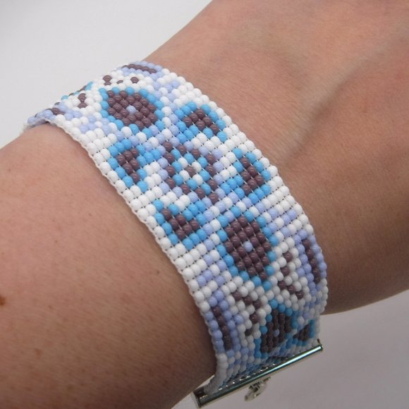 Hand Crafted Jewelry - Loom Baded Bracelet White, Teal & Purple